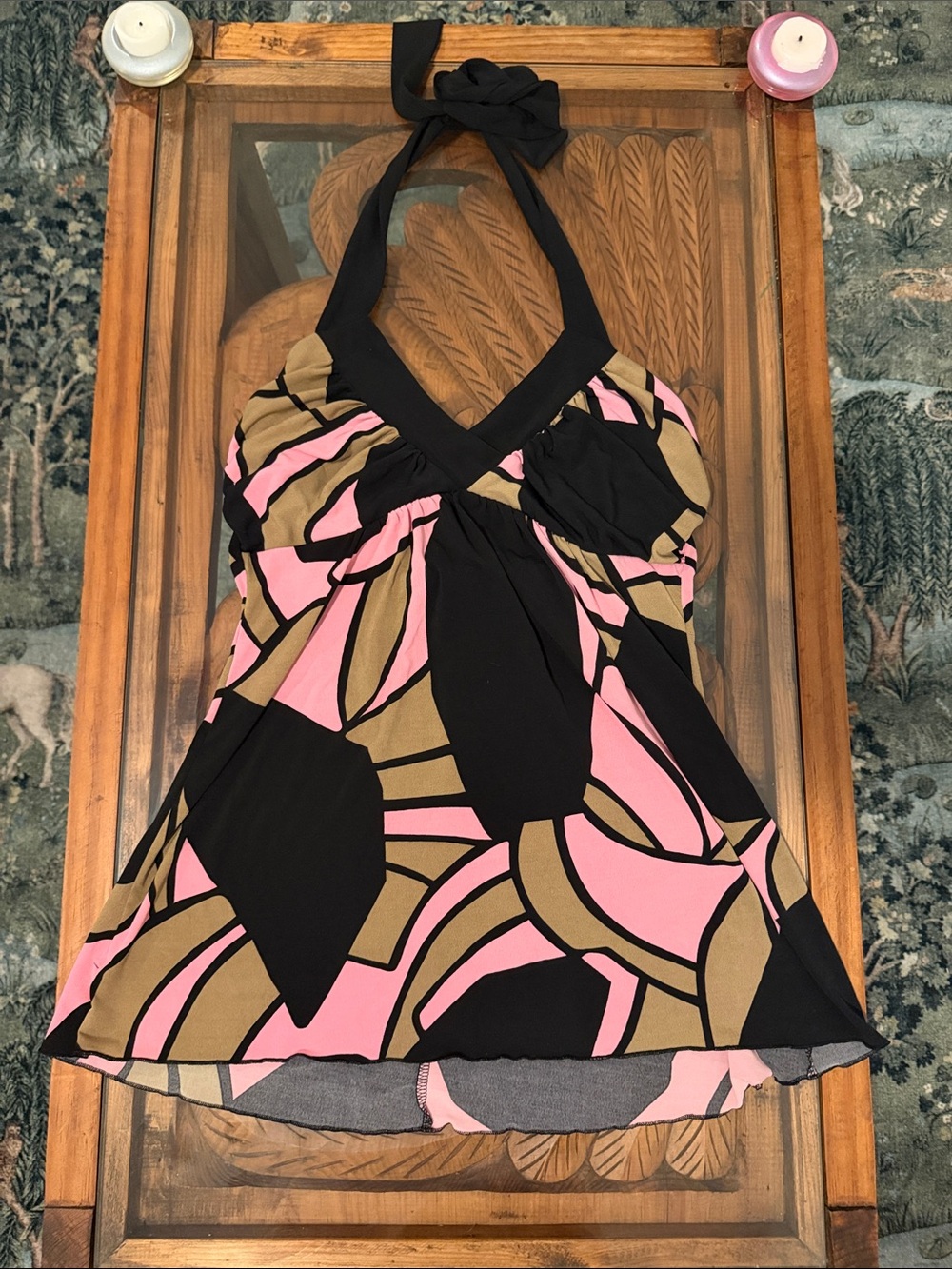 Speechless Black Halter Top with Pink & Tan Abstract Print